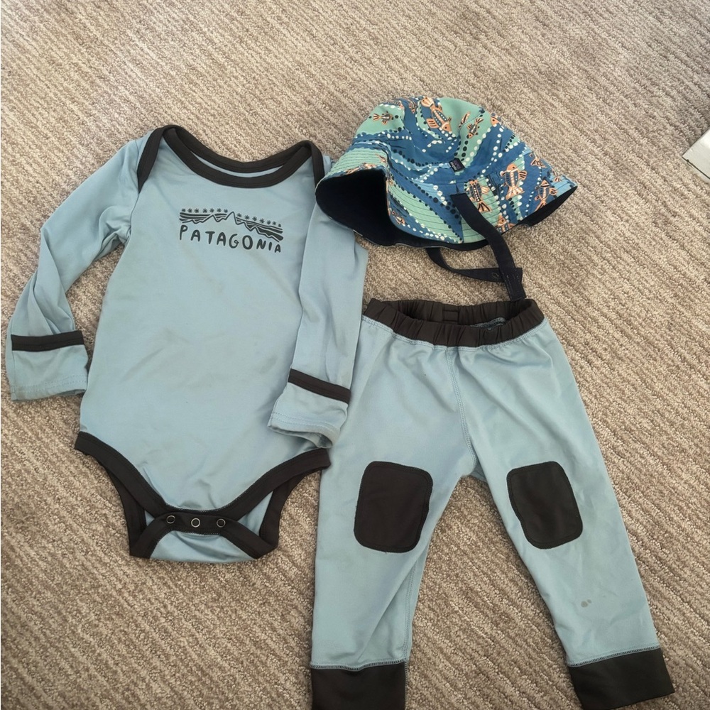 6-12 months Patagonia One Piece and pants with a sun bucket hat